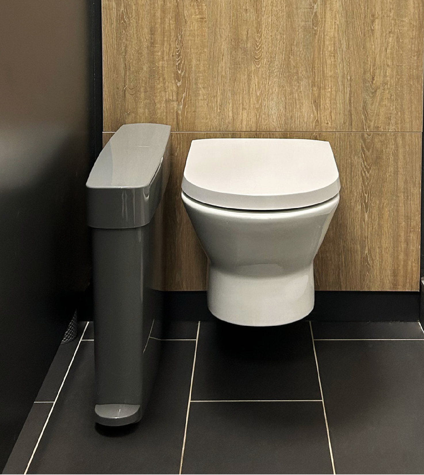 Hygienics grey sanicare bin in a toilet cubicle
